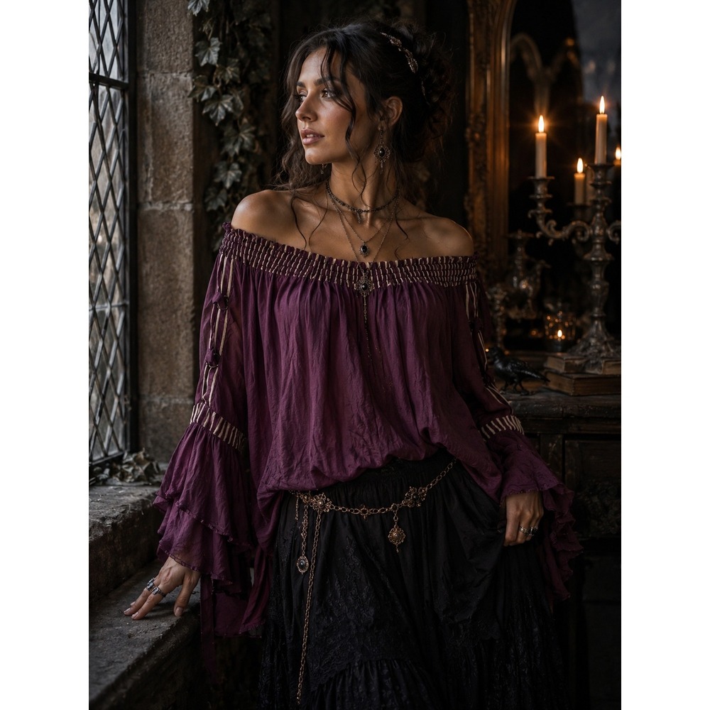 Mystree Plum Purple Boho Off Shoulder Lace Up Bell‎ Sleeve Blouse Medium NWT